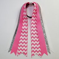 Hot Pink White Chevron Custom School Color Team Sport Ponytail Streamer *You Choose Solid Ribbon Color- Glitter Color & Length*