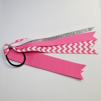 Hot Pink White Chevron Custom School Color Team Sport Ponytail Streamer *You Choose Solid Ribbon Color- Glitter Color & Length*