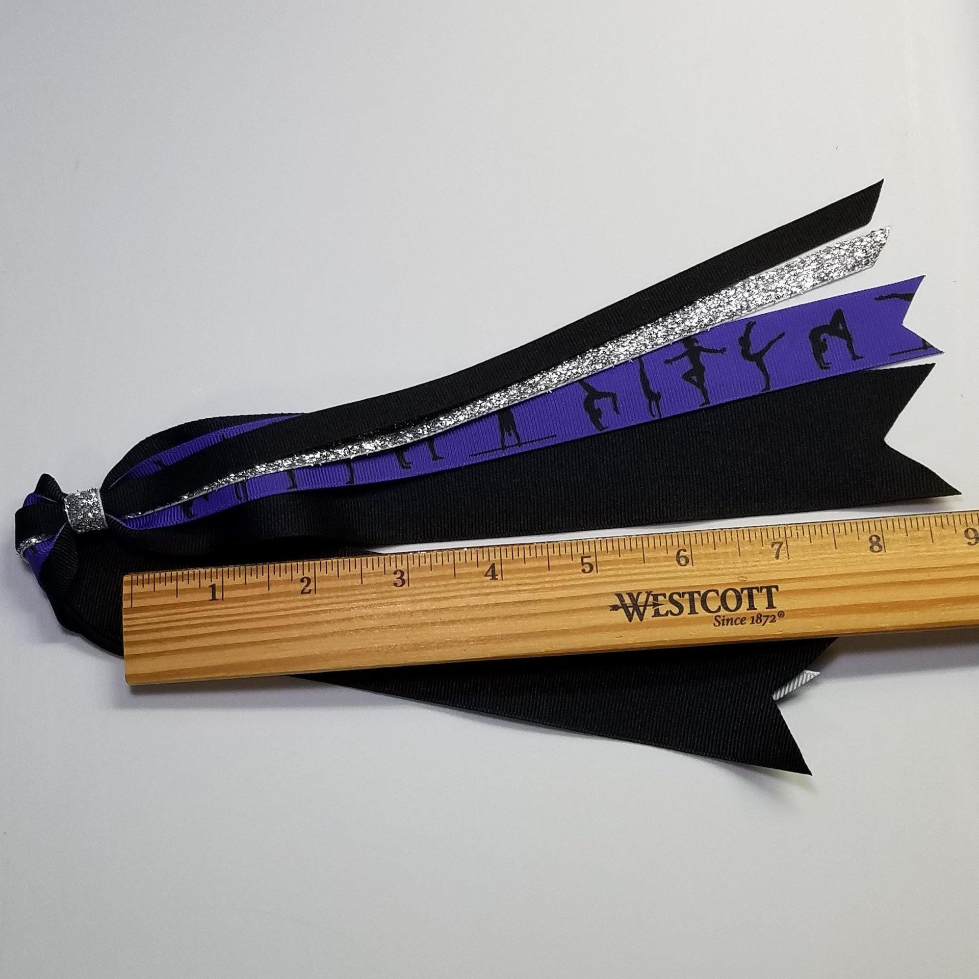 Gymnastics Purple Black Ponytail Streamer *You Choose Solid Ribbon Color- Glitter Color & Length*