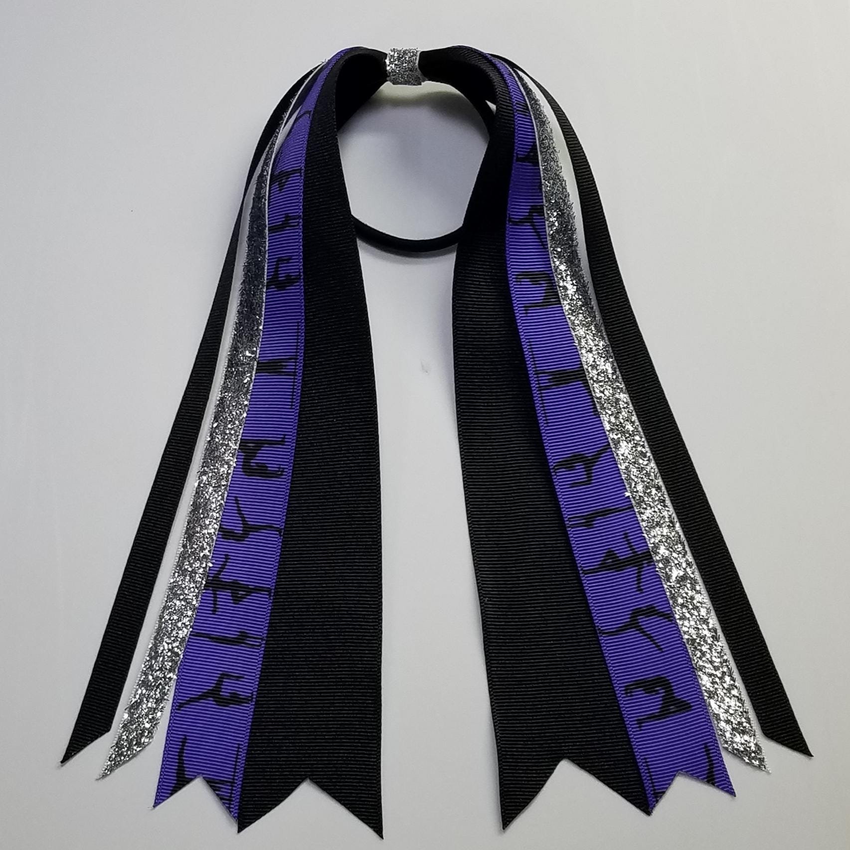 Gymnastics Purple Black Ponytail Streamer *You Choose Solid Ribbon Color- Glitter Color & Length*