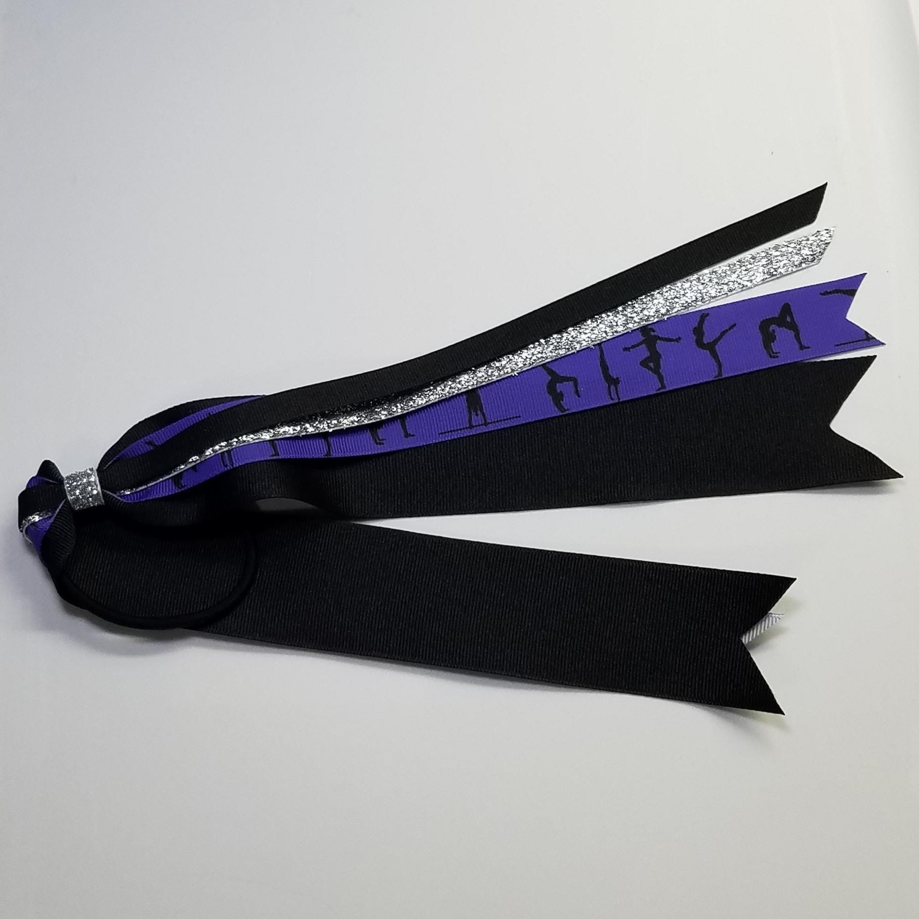 Gymnastics Purple Black Ponytail Streamer *You Choose Solid Ribbon Color- Glitter Color & Length*