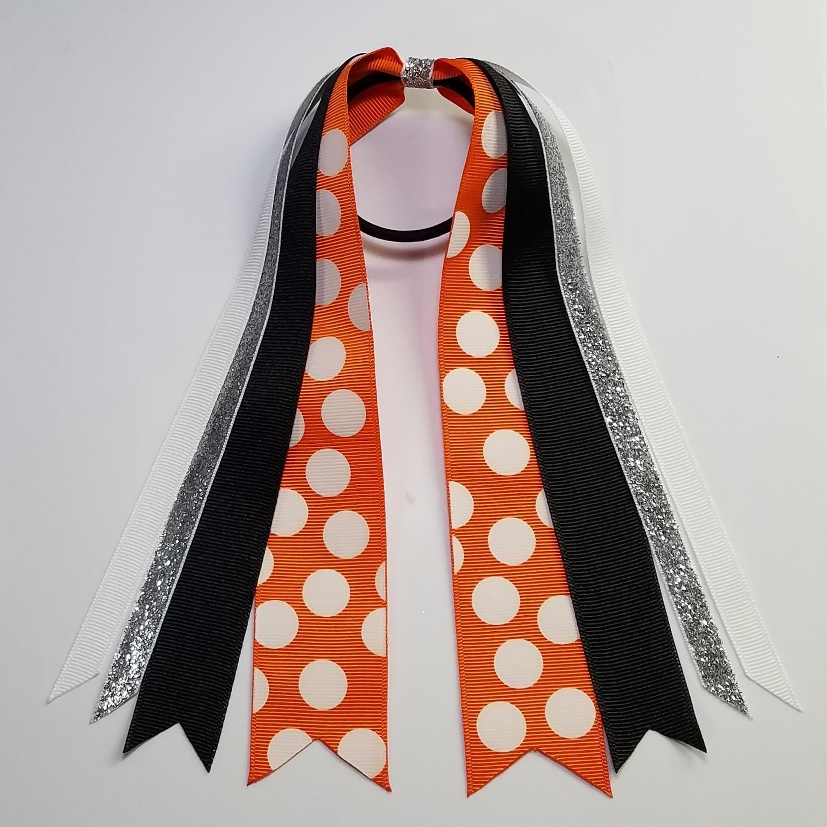 Black Orange Custom School Color Team Sport Ponytail Streamer *You Choose Solid Ribbon Color- Glitter Color & Length*
