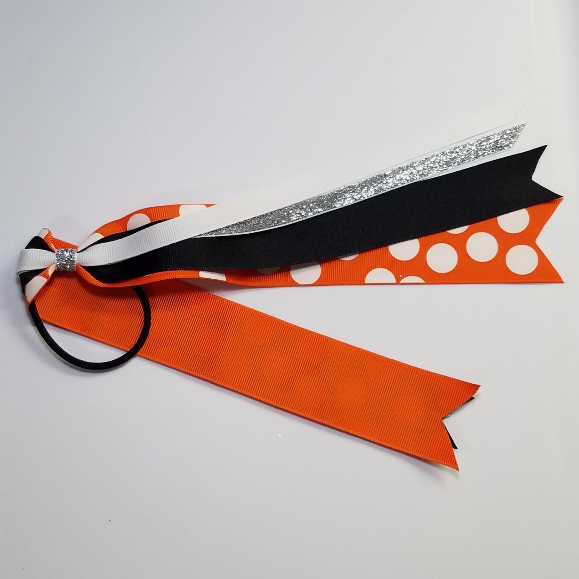 Black Orange Custom School Color Team Sport Ponytail Streamer *You Choose Solid Ribbon Color- Glitter Color & Length*