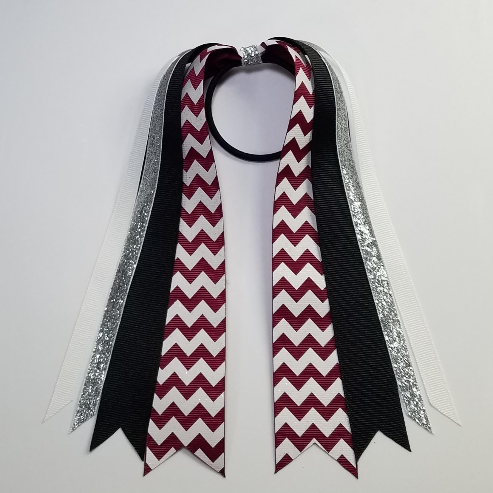 Maroon White Glitter Chevron Stripe Custom School Color Team Sport Ponytail Streamer *You Choose Solid Ribbon Color- Glitter Color & Length*
