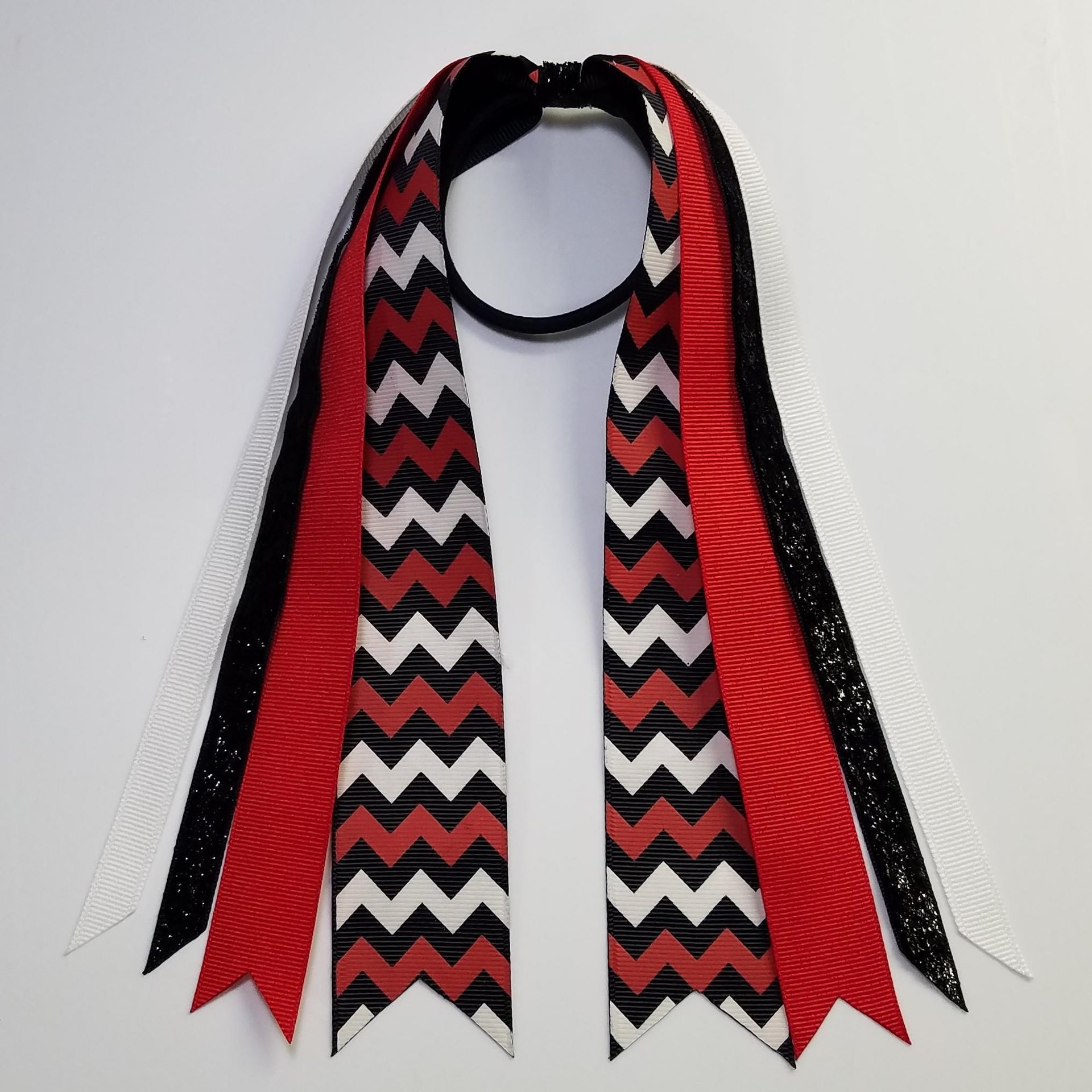 Black Red White Chevron Custom School Color Team Sport Ponytail Streamer *You Choose Solid Ribbon Color- Glitter Color & Length*