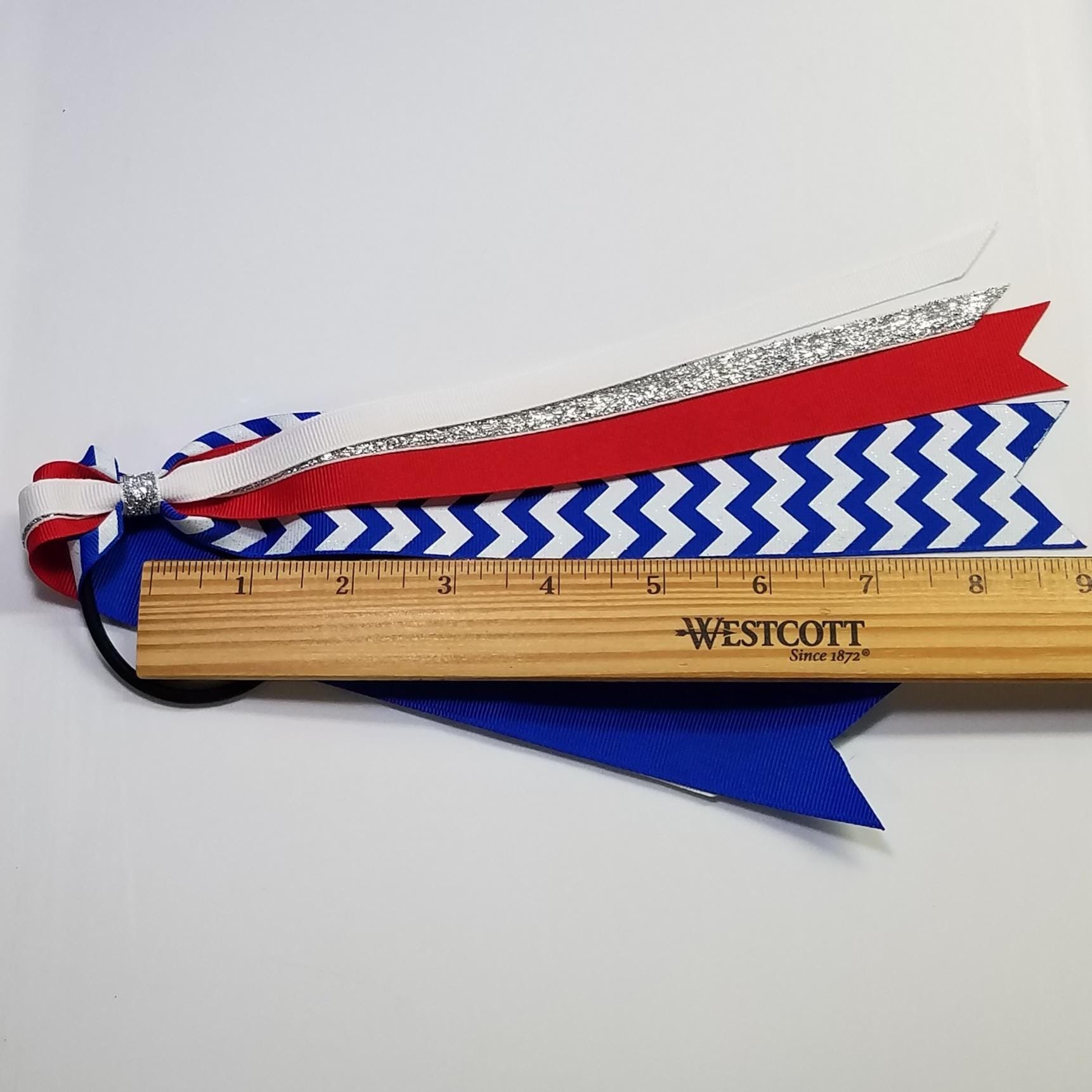Royal Blue White Red Chevron Custom School Color Team Sport Ponytail Streamer *You Choose Solid Ribbon Color- Glitter Color & Length*