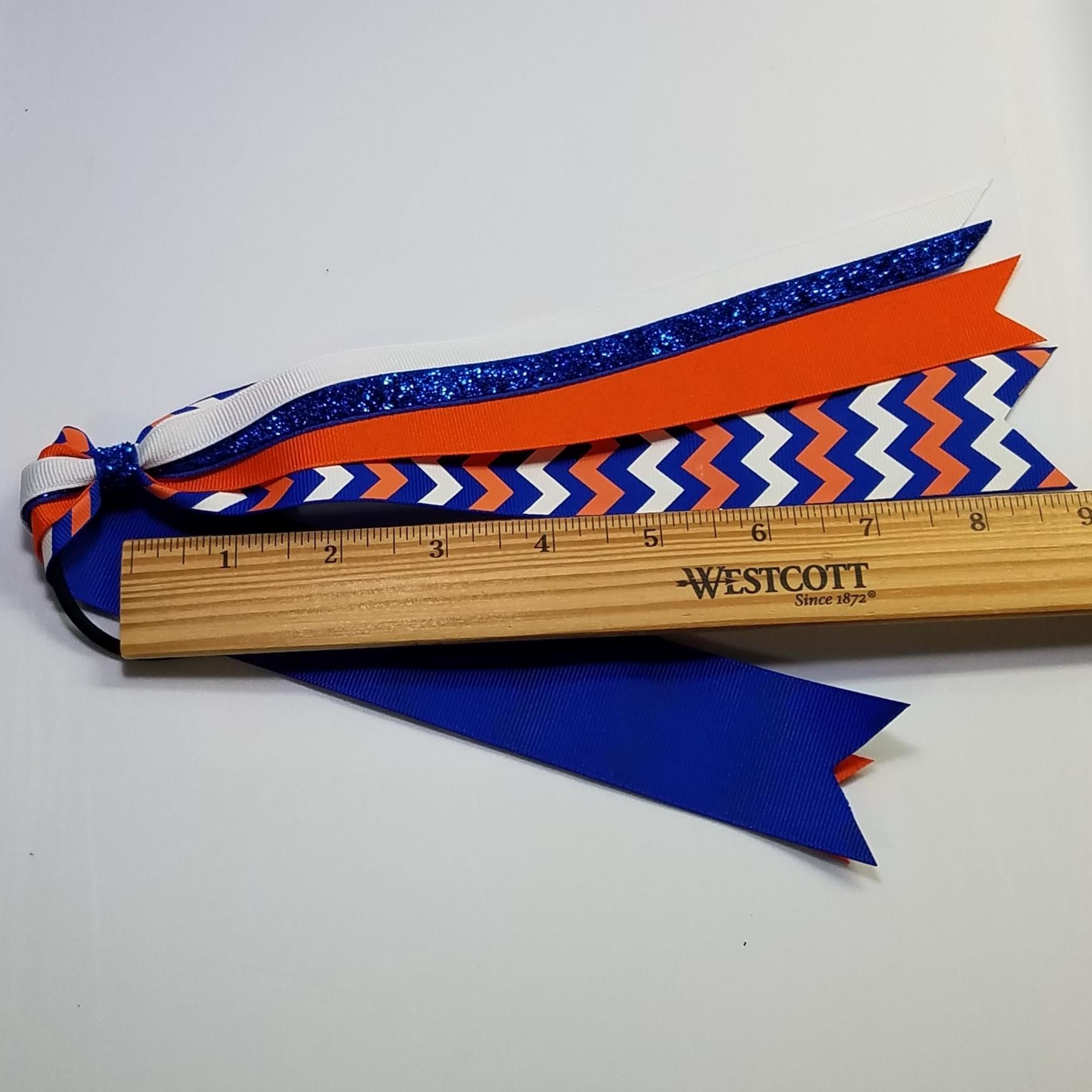 Royal  Blue Orange White Chevron Custom School Color Team Sport Ponytail Streamer *You Choose Solid Ribbon Color- Glitter Color & Length*
