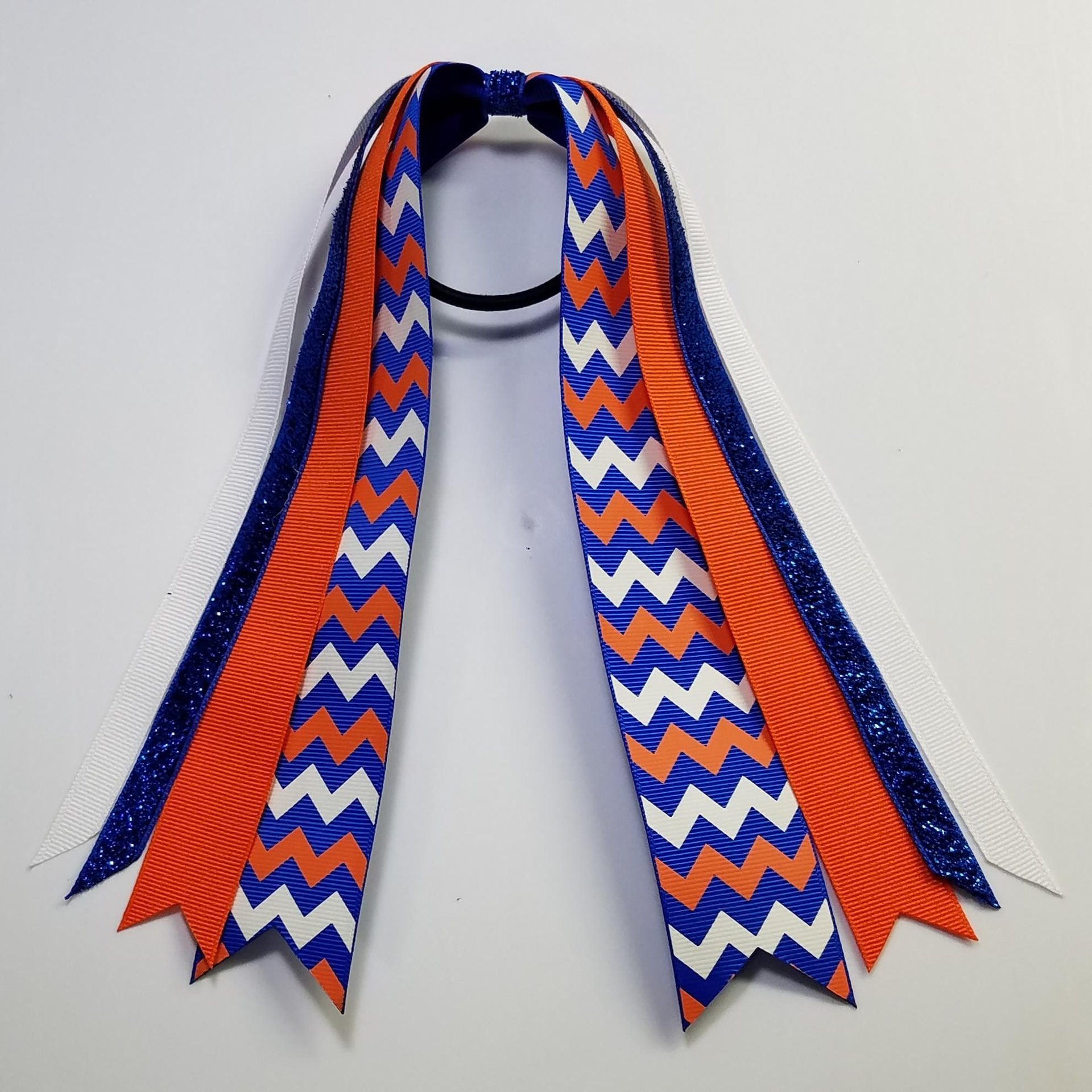 Royal  Blue Orange White Chevron Custom School Color Team Sport Ponytail Streamer *You Choose Solid Ribbon Color- Glitter Color & Length*
