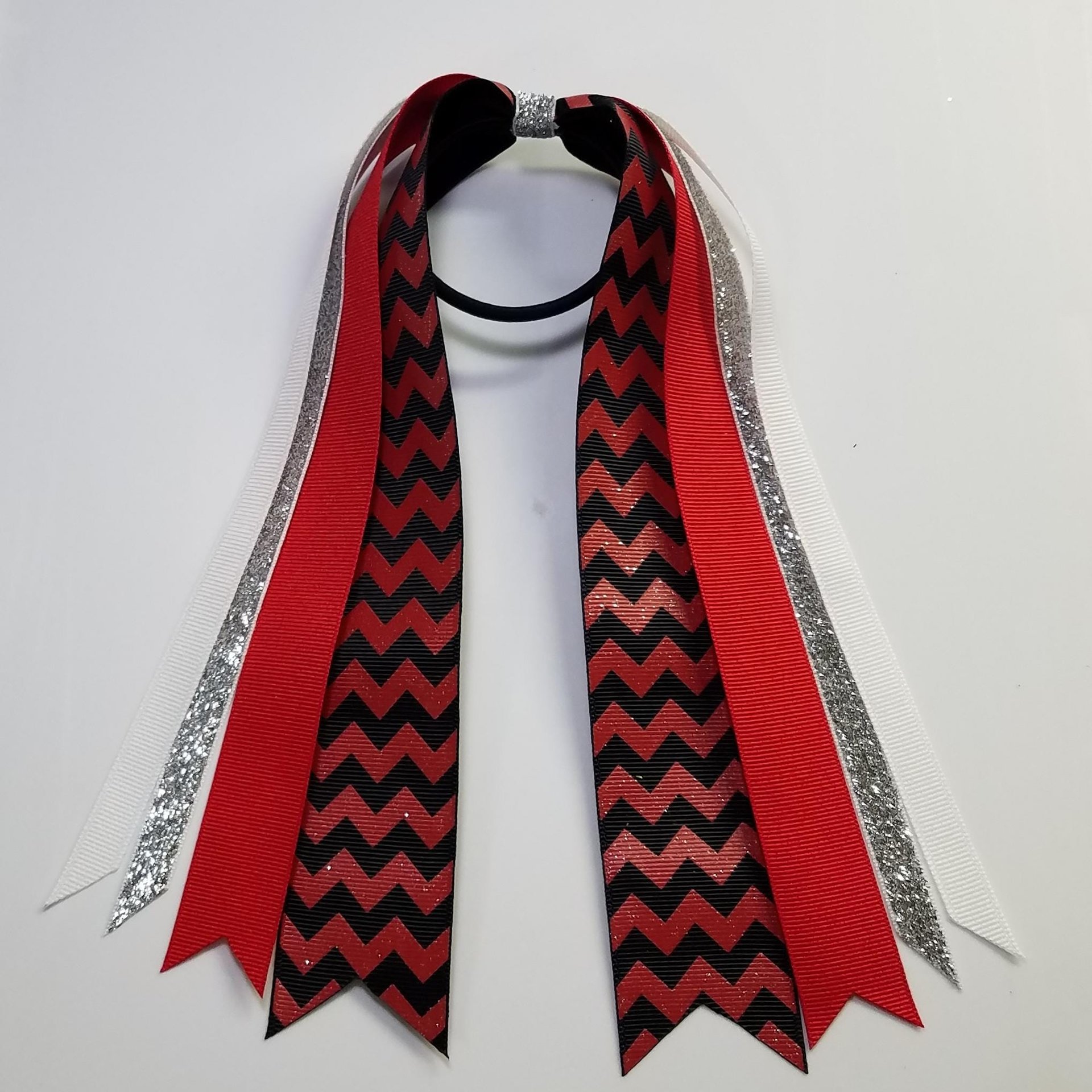 Red Black Glitter Chevron Custom School Color Team Sport Ponytail Streamer *You Choose Solid Ribbon Color- Glitter Color & Length*