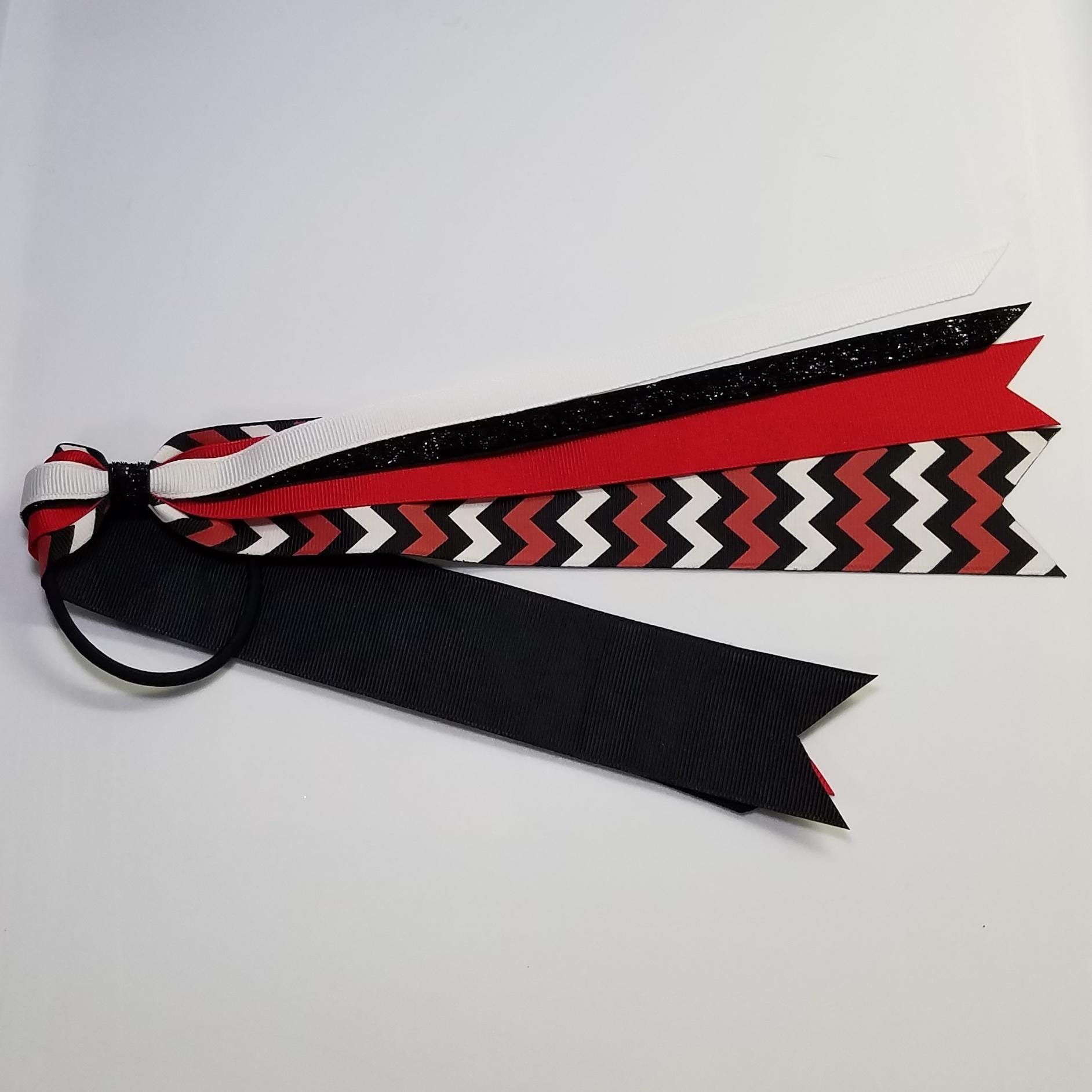 Black Red White Chevron Custom School Color Team Sport Ponytail Streamer *You Choose Solid Ribbon Color- Glitter Color & Length*