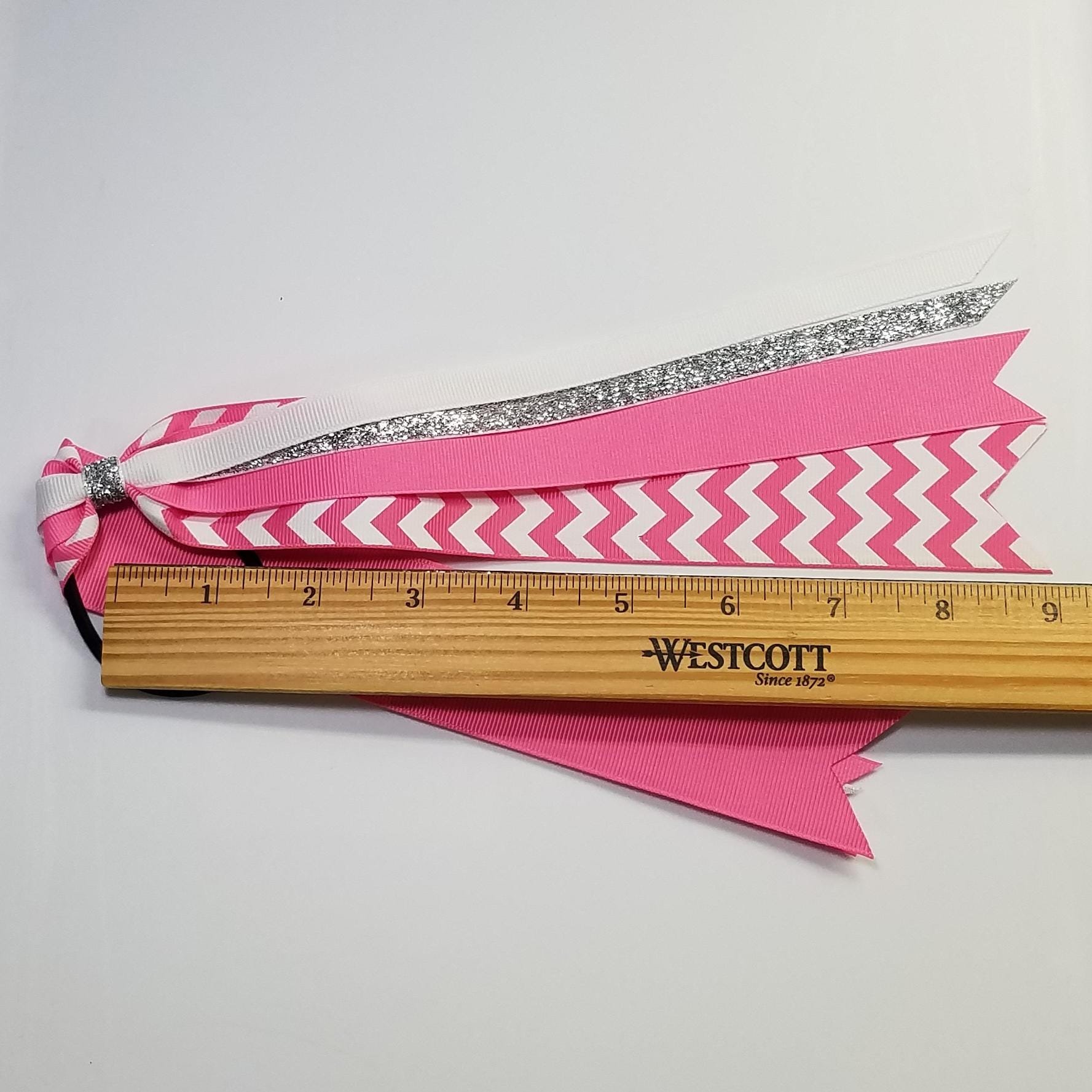 Hot Pink White Chevron Custom School Color Team Sport Ponytail Streamer *You Choose Solid Ribbon Color- Glitter Color & Length*