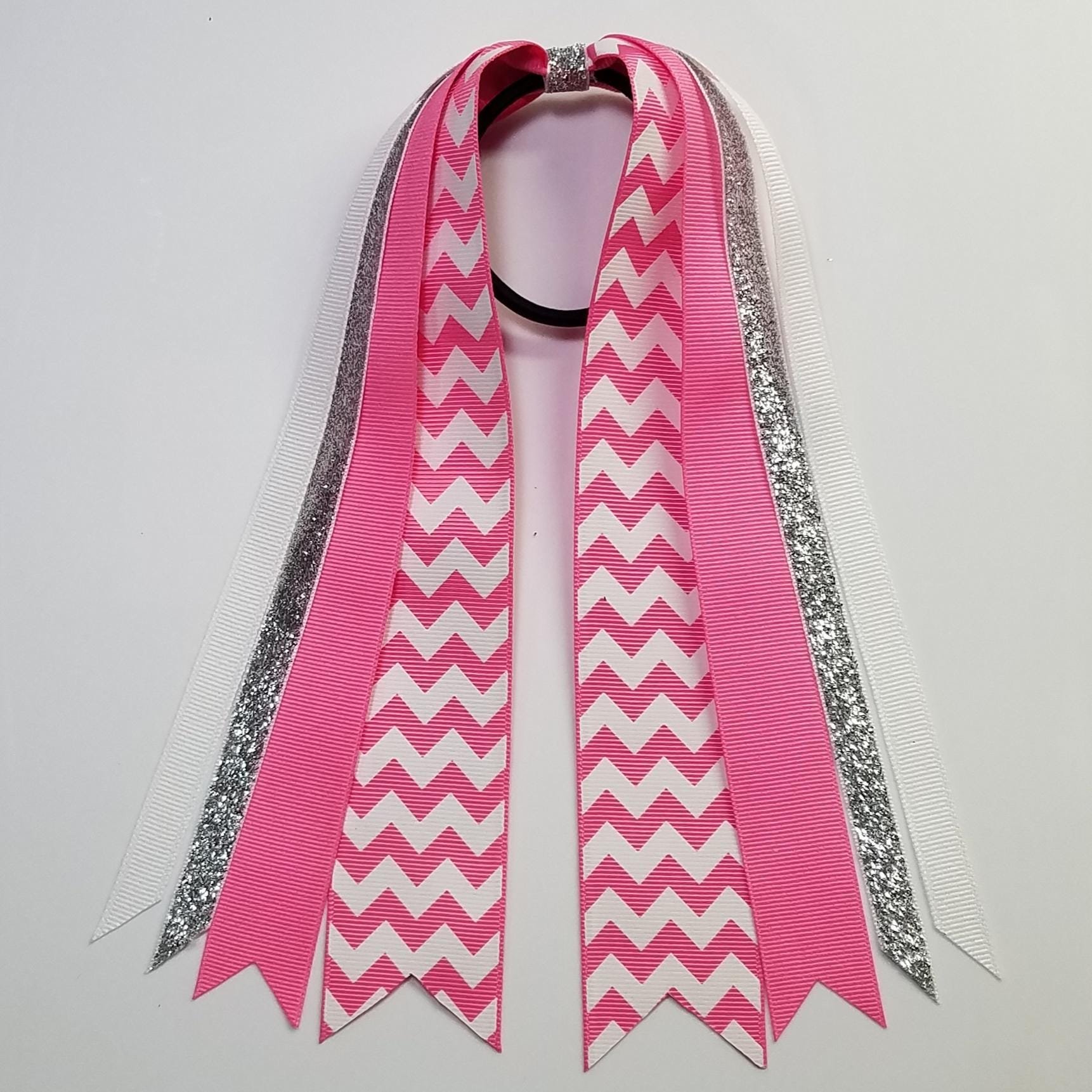 Hot Pink White Chevron Custom School Color Team Sport Ponytail Streamer *You Choose Solid Ribbon Color- Glitter Color & Length*
