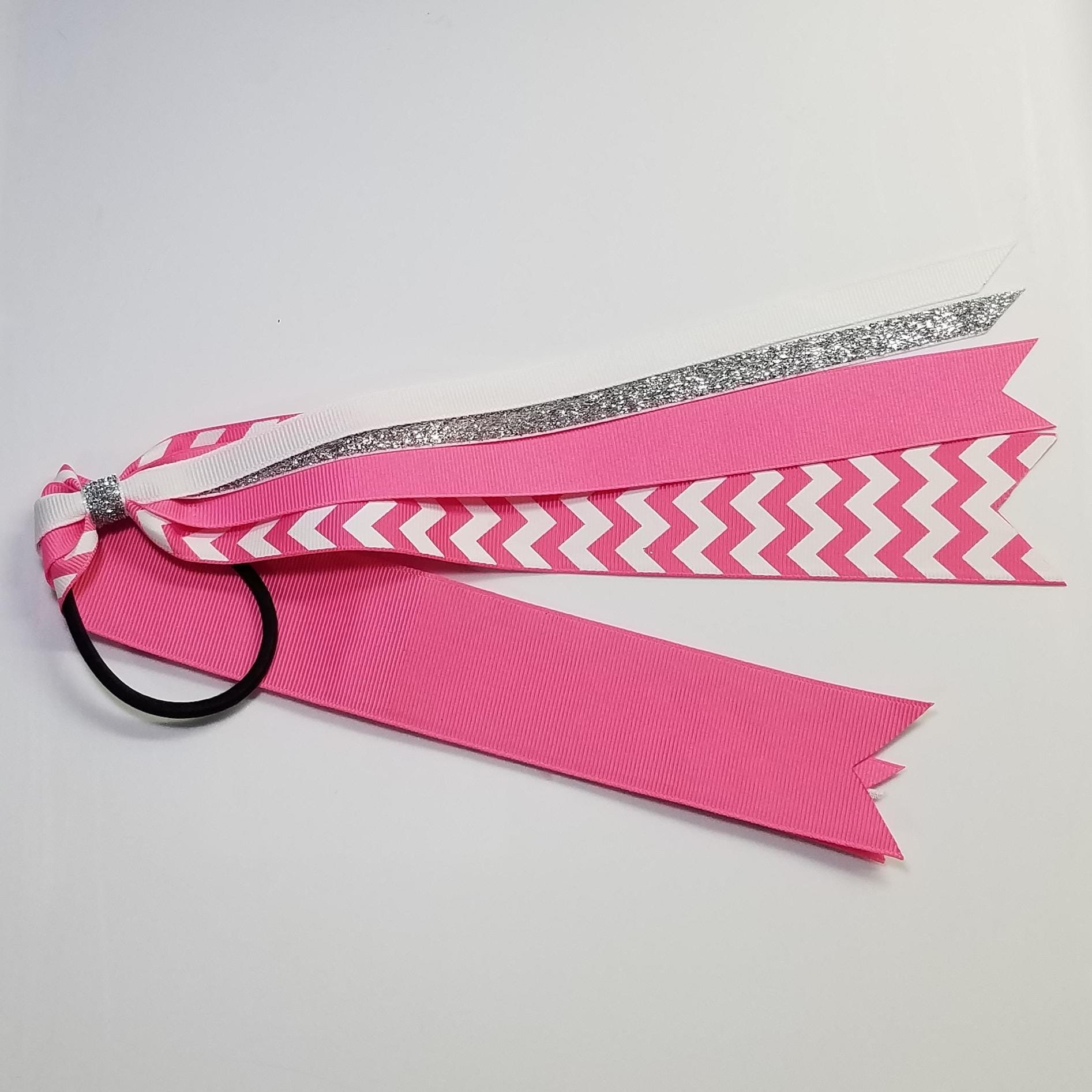 Hot Pink White Chevron Custom School Color Team Sport Ponytail Streamer *You Choose Solid Ribbon Color- Glitter Color & Length*