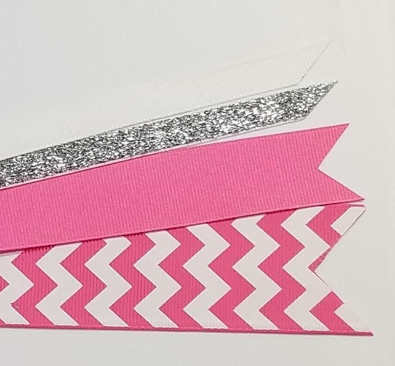 Hot Pink White Chevron Custom School Color Team Sport Ponytail Streamer *You Choose Solid Ribbon Color- Glitter Color & Length*