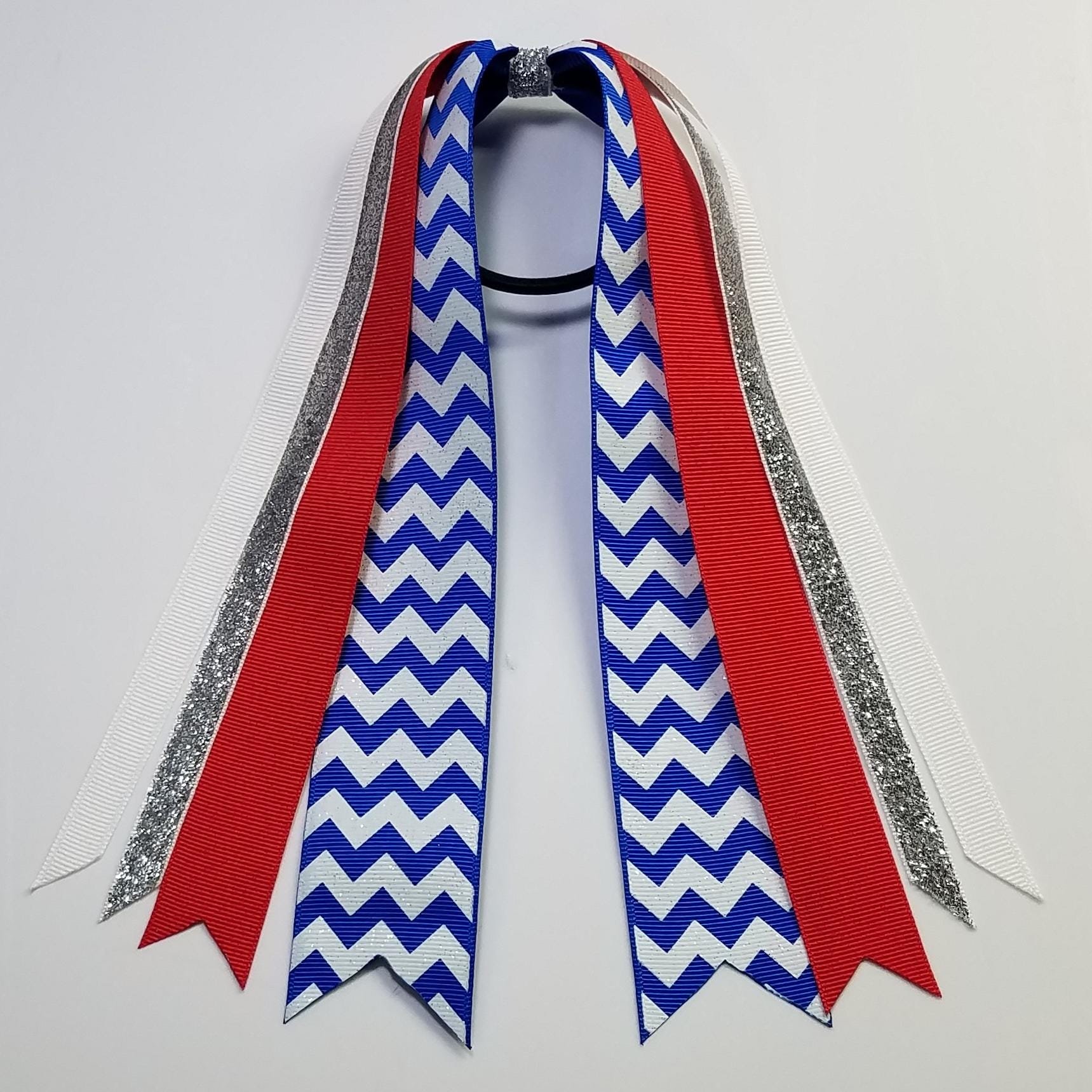Royal Blue White Red Chevron Custom School Color Team Sport Ponytail Streamer *You Choose Solid Ribbon Color- Glitter Color & Length*