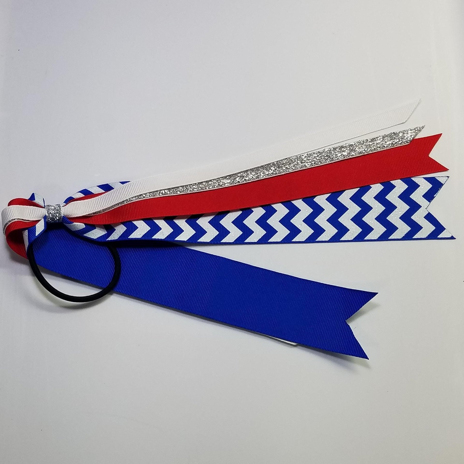 Royal Blue White Red Chevron Custom School Color Team Sport Ponytail Streamer *You Choose Solid Ribbon Color- Glitter Color & Length*