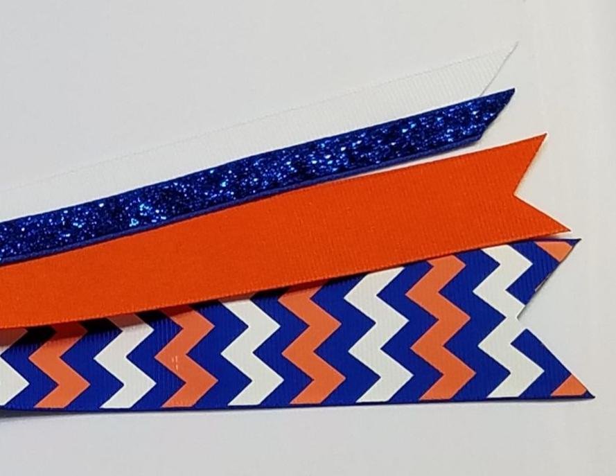 Royal  Blue Orange White Chevron Custom School Color Team Sport Ponytail Streamer *You Choose Solid Ribbon Color- Glitter Color & Length*
