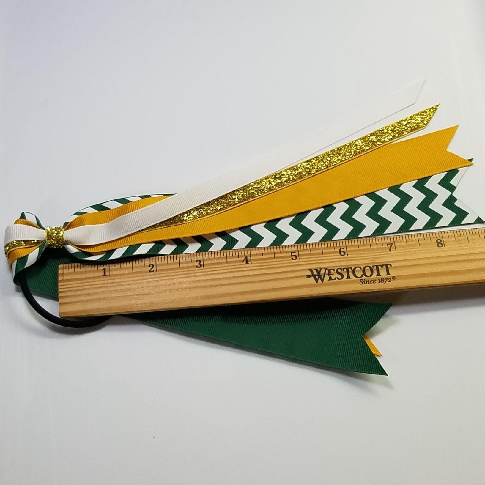 Green Gold White Chevron Custom School Color Team Sport Ponytail Streamer *You Choose Solid Ribbon Color- Glitter Color & Length*