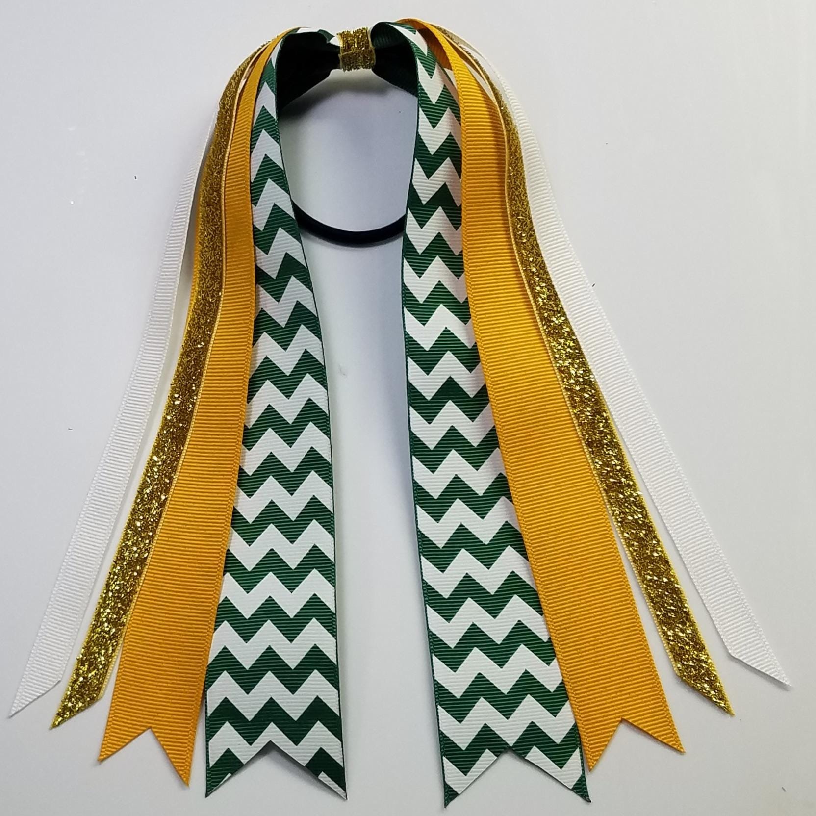 Green Gold White Chevron Custom School Color Team Sport Ponytail Streamer *You Choose Solid Ribbon Color- Glitter Color & Length*