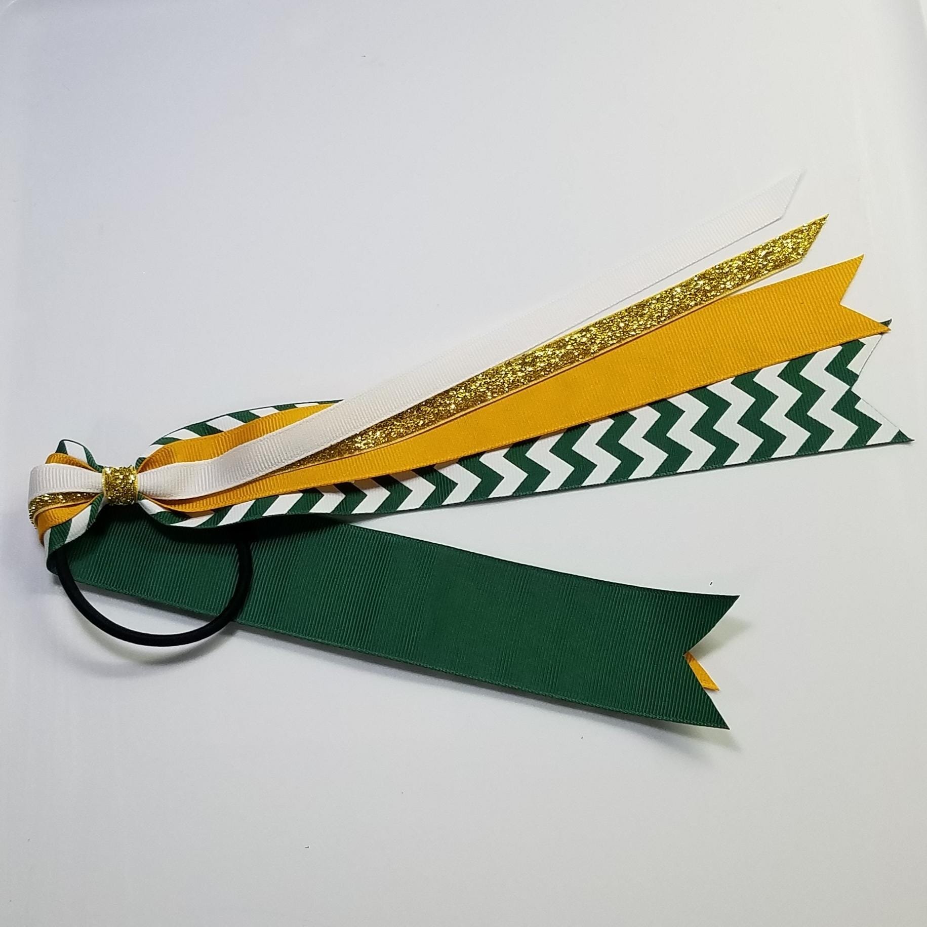 Green Gold White Chevron Custom School Color Team Sport Ponytail Streamer *You Choose Solid Ribbon Color- Glitter Color & Length*