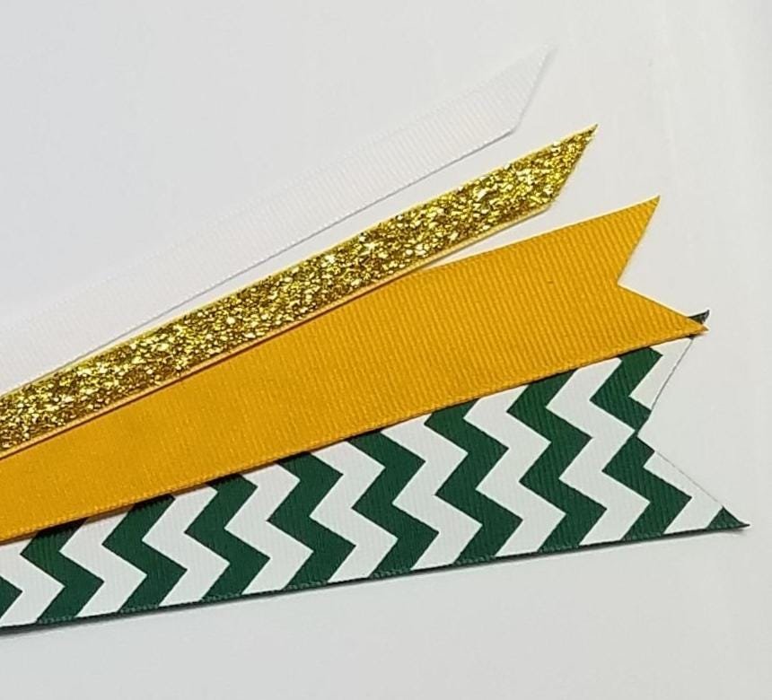 Green Gold White Chevron Custom School Color Team Sport Ponytail Streamer *You Choose Solid Ribbon Color- Glitter Color & Length*