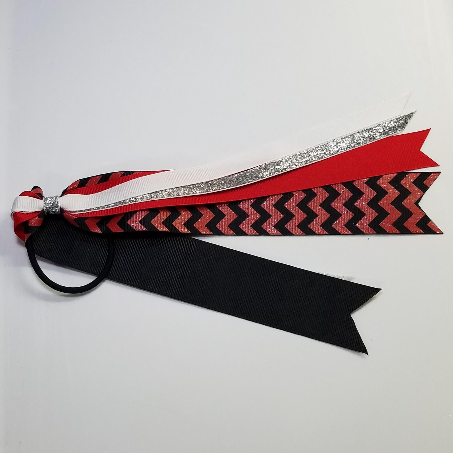 Red Black Glitter Chevron Custom School Color Team Sport Ponytail Streamer *You Choose Solid Ribbon Color- Glitter Color & Length*
